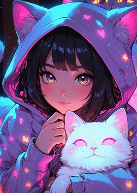 Anime Girl with Cat-Eared Hoodie
