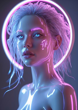 Neon Halo: Futuristic Cybernetic Portrait with Glowing Markings