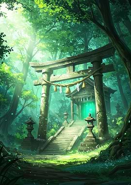Forest Shrine with Torii Gate