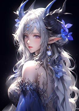 Anime Girl with Horns and Flowers