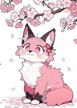Pink Fox with Cherry Blossoms
