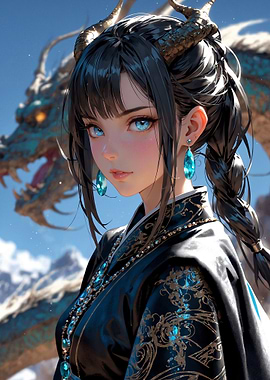 Anime Girl with Dragon and Horns