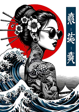 Tattooed Geisha with Dragon and Waves