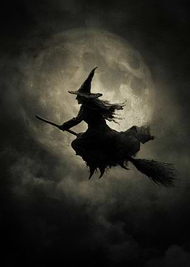 Witch flying on broomstick at night