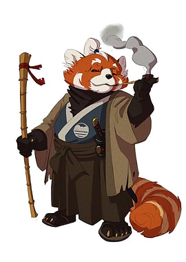 Red Panda Samurai Smoking a Pipe
