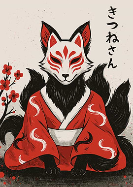 Kitsune Masked Fox in Kimono Art