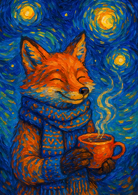 Fox with Coffee, Starry Night Style