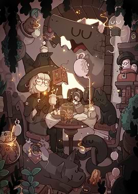 Whimsical Witch Tea Party Illustration