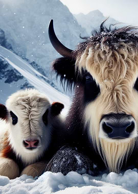 Yak and Calf in Snowy Mountains