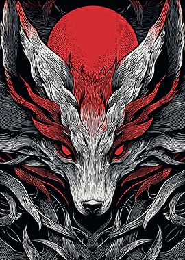 Fox with Red Moon Illustration