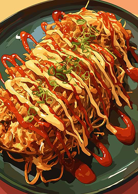 Okonomiyaki with toppings on a plate