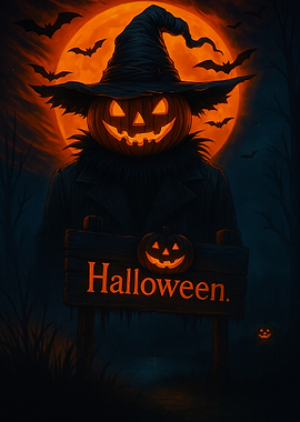 Halloween Pumpkin Scarecrow with Bats