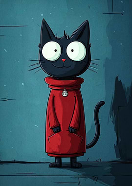 Cartoon Black Cat in Red Hoodie