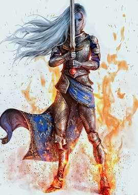 Female Warrior with Sword in Flames