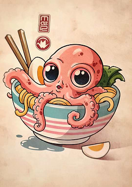 Octopus in Ramen Bowl Illustration