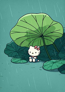 Hello Kitty under Lotus Leaf in Rain