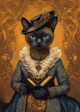 Regal Cat Portrait with Book | Vintage Siamese Aristocat Wall Art