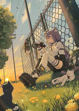 Anime Girl with Cats and Camera