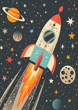 Retro Rocket in Space Illustration