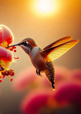 Hummingbird and Flower in Golden Light