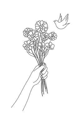 Hand holding flowers with bird Minimalist Line Art