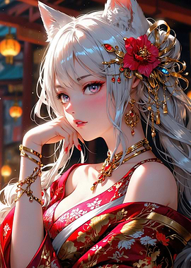 Anime Fox Girl with Red Kimono
