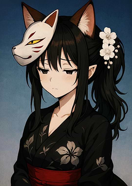 Anime Girl with Fox Mask