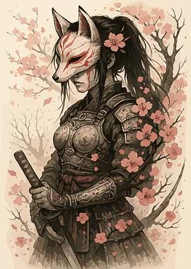 Fox Mask Samurai with Cherry Blossoms