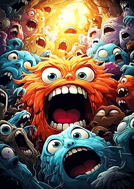 Cartoon Monsters Screaming in a Crowd