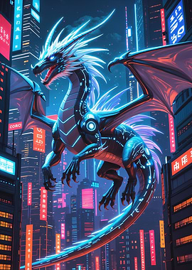 Neon Cyber Dragon Above Futuristic City — Cybernetic Dragon Digital Illustration