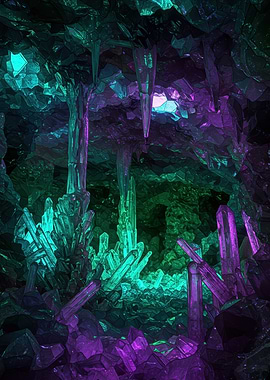 Crystal Cave with Green and Purple Hues