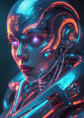 Neon Cybernetic Portrait — Futuristic Female Robot in Vibrant Blues and Oranges