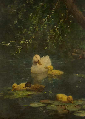 Duck and Ducklings in Pond Painting