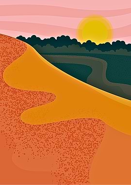 Desert Landscape with Rising Sun Illustration