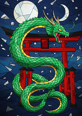 Green Dragon Coiled Around Torii Gate