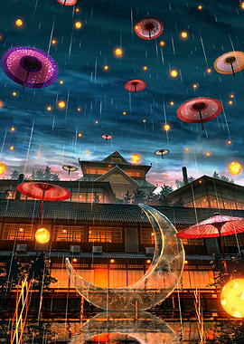 Rainy Japanese Night with Umbrellas