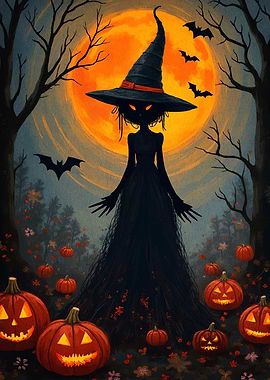 Halloween Witch Pumpkins Bats