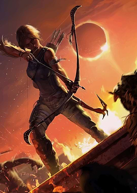 Lara Croft aiming bow in fiery landscape