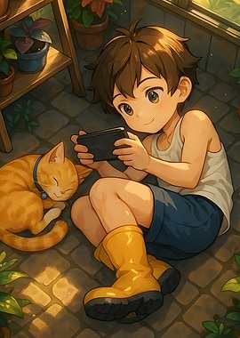 Boy playing with console next to cat