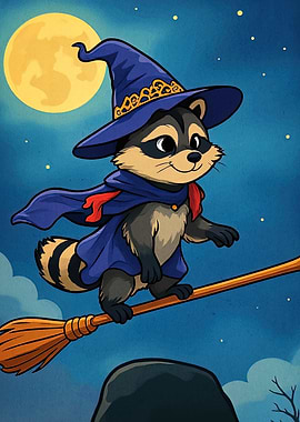 Cartoon Raccoon Witch Flying on Broom