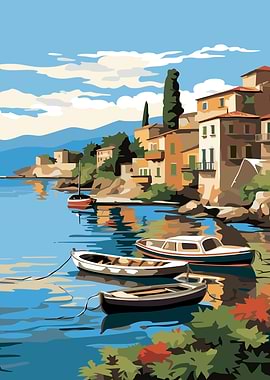 Coastal Village with Boats Painting