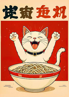 Happy Cat with Noodles