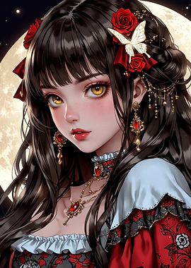 Anime Girl with Roses and Moon