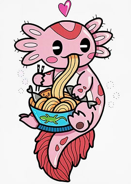 Axolotl Eating Ramen Cartoon Illustration