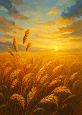 Golden Wheat Field at Sunset Painting