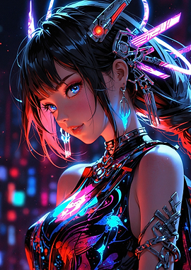 Cyberpunk Anime Girl with Neon Accents