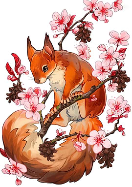 Squirrel with Cherry Blossoms Illustration