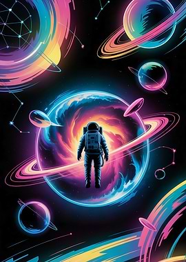 Astronaut in Neon Galaxy, Cosmic Space Art