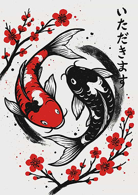 Koi Fish Yin Yang with Cherry Blossoms