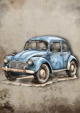 Blue Vintage Car Watercolor Painting